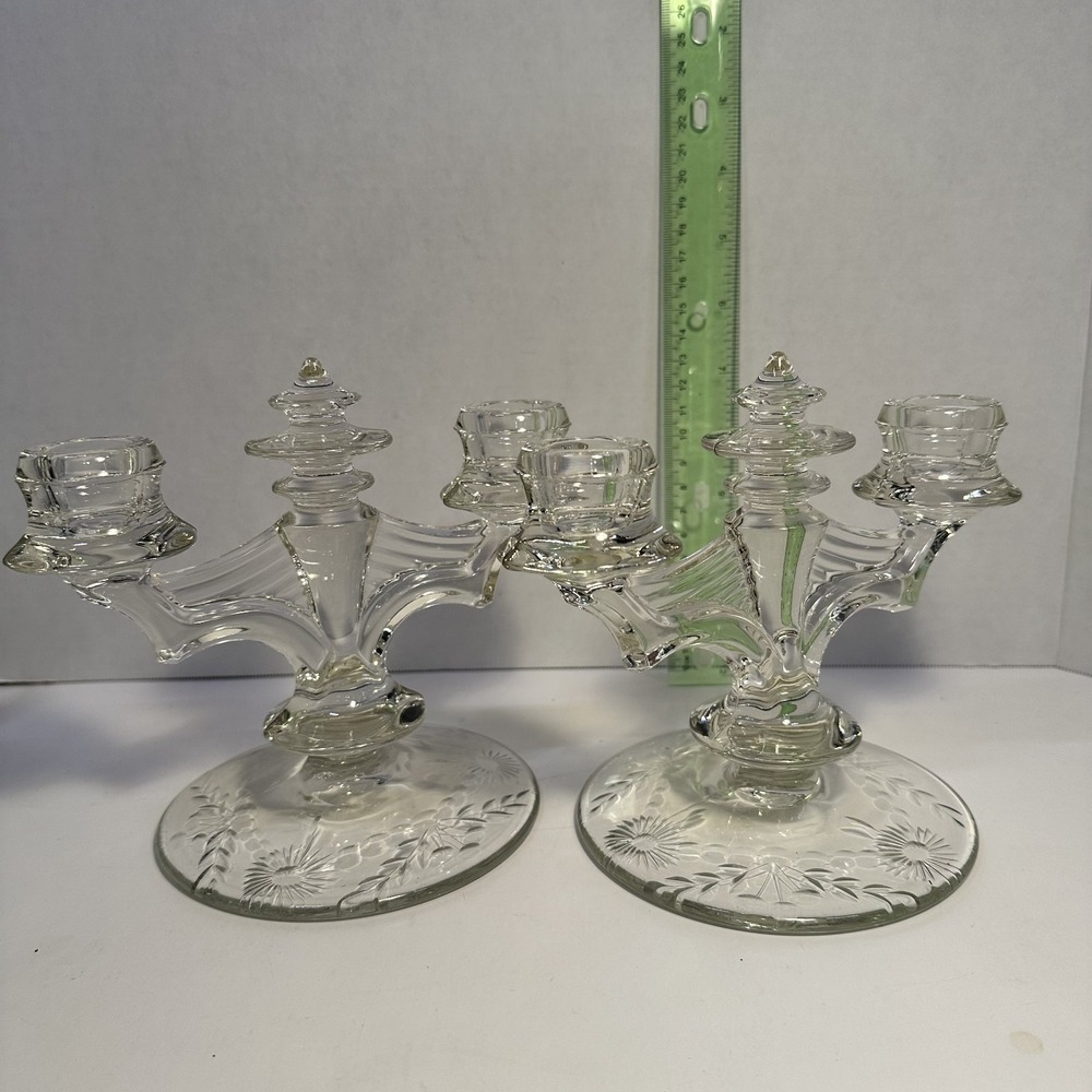 A Pair of VTG Tiffin Glass Company Art Deco Double Candlestick Holders #5831
